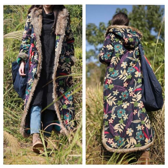 Hooded Cotton Linen Blend Long Coat Faux Fur Trim sz M/L* Dark Blue Floral Mod - Picture 1 of 16